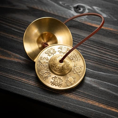 Tibetan Meditation Bell, Brass Tingsha Cymbals with Cloth Bag - size: Eight Symbols