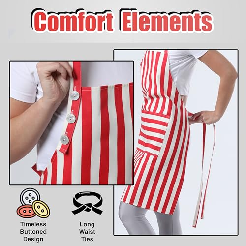 TOSHEX Kitchen Apron Cotton Waterdrop Resistant Adjustable Button Women Men | Premium Cotton Cooking Apron with Pocket. Striped, Gift, Red - color: Red