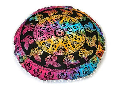 Large Round seat Floor Cushion Cover Chair Ottoman Cover Pouf Pillow Meditation Floor Cushion Covers for Adults Seating pouffe Ottoman Throw Covers Multi Peacock 32" Round
