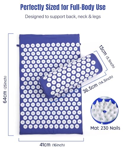 ROMIX Acupressure Mat and Pillow Set, Acupuncture Mat for Back Pain, Neck, Shoulder Pain Relief, Stress Reduction, Wellness Therapy, Cushioned Acupressure Mats with Carry Bag for Men and Women - color: Blue