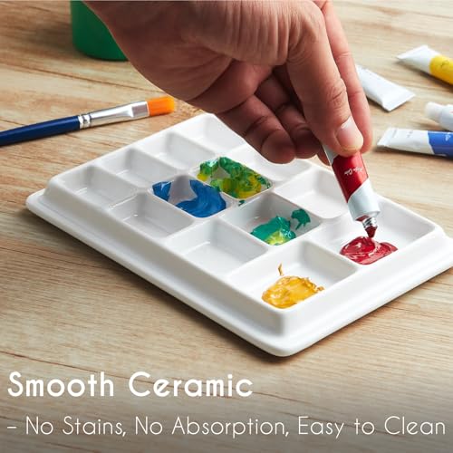 Ceramic Paint Palette with Lid,13-Well Porcelain Watercolor Mixing Tray for Acrylic, Oil, Gouache & Watercolor Paints, White Porcelain Palette with Plastic Cover - size: 7.5" x 5.1" x 0.8"
