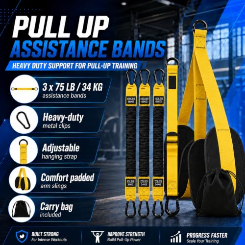 Pull Up Assistance Bands 75Ibs, Heavy Resistance Bands for Pull Ups with Adjustable Foot Rest, Exercise Bands for Strength Training, Workout Bands for Home Gym Fitness Equipment. (Yellow)