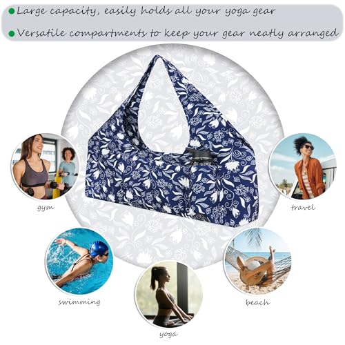 Large Yoga Mat Bag Yoga Bags and Carriers Fits All You Stuff Yoga Tote Bag with Yoga Mat Strap, Elastic Pockets and Zipper Pockets - color: dark blue white