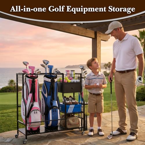 Faesun Golf Bag Organizer for Garage, Golf Bag Storage Rack with 6 Club Slots, Golf Club Organizer with Fabric Drawer & Wheels, Golf Storage Organizer Holds 2 Bags, Golf Rack Storage System - size: Pro(Medium)