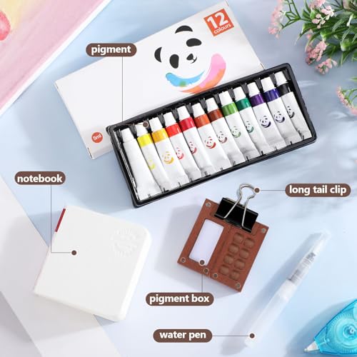 Watersay 12 Set Mini Watercolor Paint Set Paint Palette Travel Kit Pocket Artist Watercolor Travel Kit with Wooden Grid Palette Box Sketchbook Brush Pens Paints Clips for Beginners Artists Painters