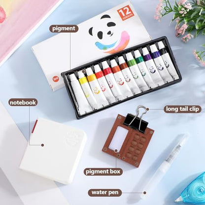 Watersay 12 Set Mini Watercolor Paint Set Paint Palette Travel Kit Pocket Artist Watercolor Travel Kit with Wooden Grid Palette Box Sketchbook Brush Pens Paints Clips for Beginners Artists Painters