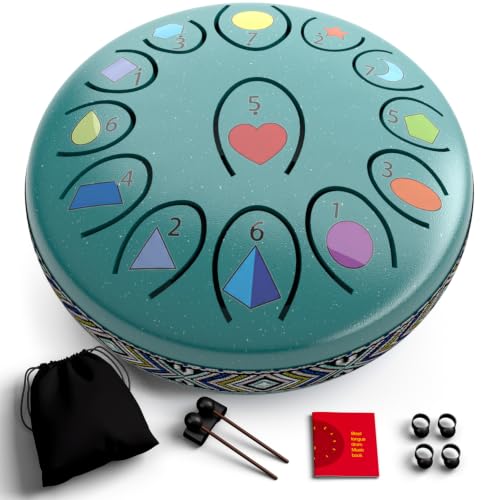 Steel Tongue Drum, Rain Drum for Outside Garden, Waterproof Meditation Rain Chime, UV-Printed Notes & Geometric Design, with Bag, Mallets & Music Book (Malachite Green, 6.5 Inch 13 Notes) - color: Malachite Green