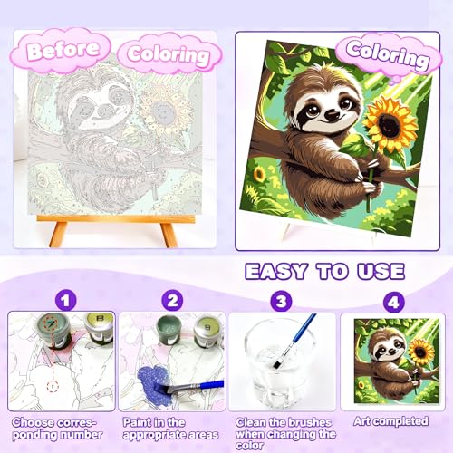 Gemozaic Sloth Paint by Numbers Kit for Kids Ages 8-12 with Frame & Easel | Cute Animal Kids Paint by Number on Canvas, DIY Acrylic Painting by Numbers for Teens Boys Girls for Birthday Gift, 8x8 IN - color: BKH1865