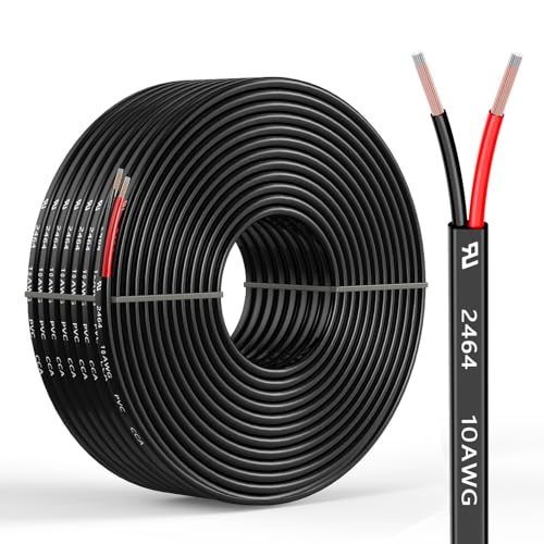 10 Gauge 2 Conductors 100FT Electrical Wire, Flexible Low Voltage PVC Copper Clad Aluminum Extension Cord for Car Speaker Wire, Car Lighting, LED Wire, Outdoor Lighting, Residential Wiring, 12V/24V DC - size: 100FT, style: 10AWG