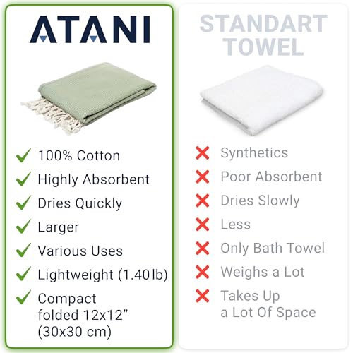 ATANI Turkish Beach Towel, Converts to a Bag, Oversized 100% Cotton Bath Towels Lightweight Quick-Dry Beach Blanket for Travel, Picnic, Camping, Yoga and Pool (Green + Bag, 35 inc x 69 inc) - color: Green + Bag, size: 35 inc x 69 inc