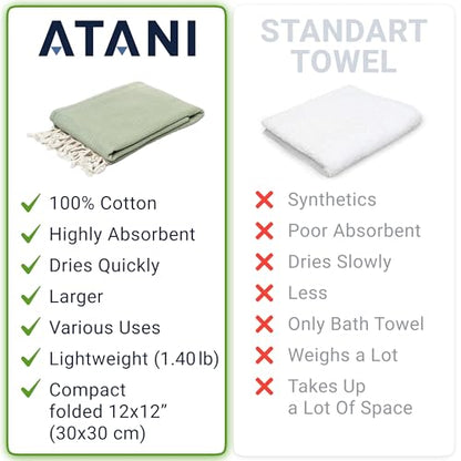 ATANI Turkish Beach Towel, Converts to a Bag, Oversized 100% Cotton Bath Towels Lightweight Quick-Dry Beach Blanket for Travel, Picnic, Camping, Yoga and Pool (Green + Bag, 35 inc x 69 inc) - color: Green + Bag, size: 35 inc x 69 inc