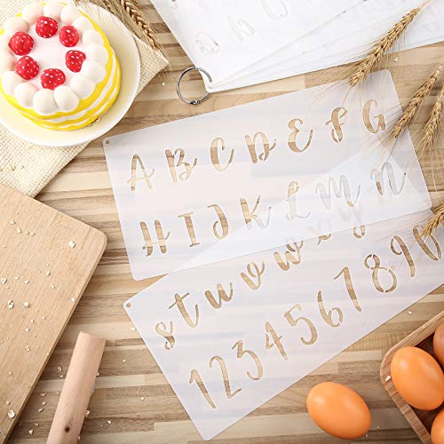 8 Pieces Calligraphy Letter Number Stencil Reusable Template Cursive Alphabet Cake Stencils with Metal Open Ring for Cake Airbrush Art and Craft Painting (7.8 x 3.9 Inch)