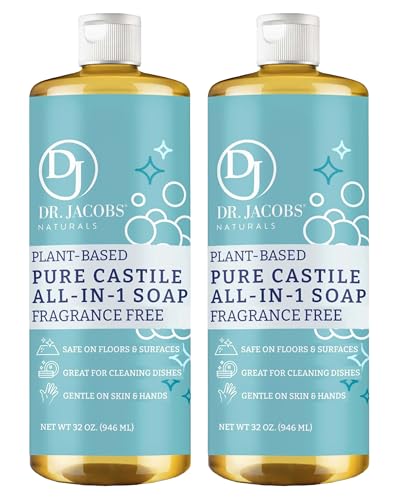 Dr. Jacobs Naturals Fragrance Free Castile All-in-One Cleaner and Soap - Plant-Based Formula for House Cleaning Floors and Appliances - Gentle on Skin and the Planet - 32 oz, 2 Pack - size: 32 Fl Oz (Pack of 2), style: Unscented