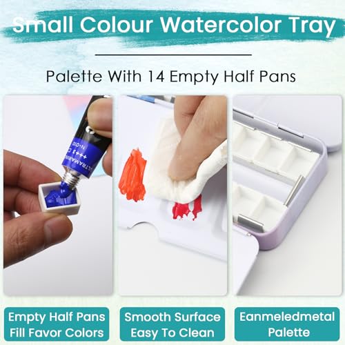 HAUSTG0 Metal Watercolor Palette - Empty Tin with Paint Tray and 14 Half Pans - Travel Palette with Lid - style: Illusionary Water