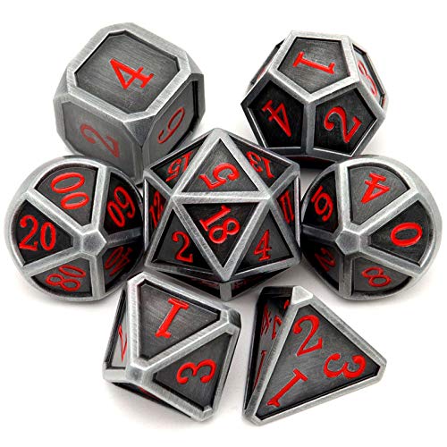 Haxtec Ancient Silver Metal DND Dice Set D&D 7PCS Large Rounded Antiue Iron RPG Dice Red Numbers for Dungeons and Dragons TTRPG Game Gifts',Standard size | Red Numbers D&D with Leather Bag, Compatible with Dungeons and Dragons, Antique Iron Heavy Metallic
