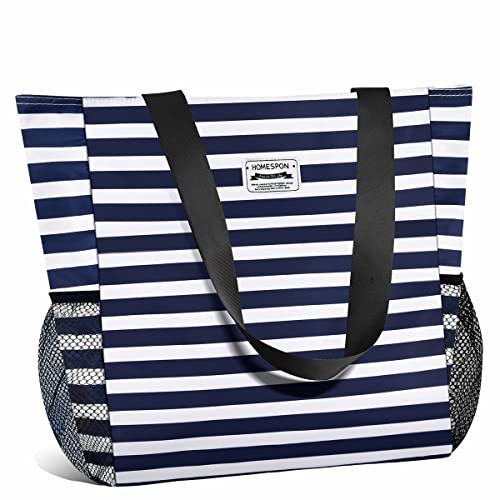Buringer Large Waterproof Beach Bag for Women Sandproof Tote Bag with Zipper and Pockets Pool Bag for Travel Gym Vacation - color: Blue Stripes