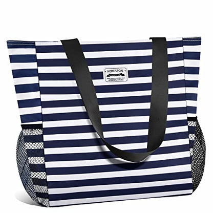 Buringer Large Waterproof Beach Bag for Women Sandproof Tote Bag with Zipper and Pockets Pool Bag for Travel Gym Vacation - color: Blue Stripes