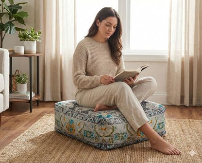 Mandala Life ART Boho Floor Cushion Cover Gray Square Moroccan Pouf Ottoman Pillow for Meditation Yoga and Boho Chic Low Seating Area Cotton 24x8 Unstuffed - color: Grey