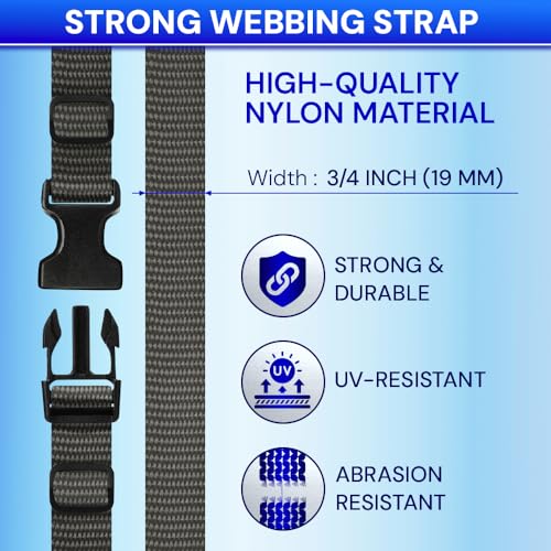 TECEUM 3/4" Nylon Strap Kit with Buckles, Charcoal 6 yards Repair Set | Heavy duty hardware kit: 6yd webbing, 6 quick release buckles, 12 tri-glide slide clips, 6 metal D-rings for crafting. - color: Charcoal, size: 3/4" - 6 yards, style: 6 Buckle - 12 Sl