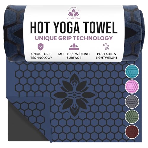 Clever Yoga Hot Yoga Mat Towel – Non-Slip Grip for Hot Yoga, Sweat Absorbent, Honeycomb Silicone Grip, Stays Flat – Ideal for Pilates, Travel, Washable & Lightweight - Dark Blue - color: Darkblue