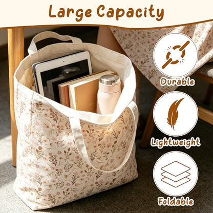 Kazova Floral Tote Bag for Women Canvas Cotton Book Bag Boho Wildflower Reusable Shoulder Tote with Inner Pocket for Students Class Daily Use 25x13.8 Inch - color: Boho a