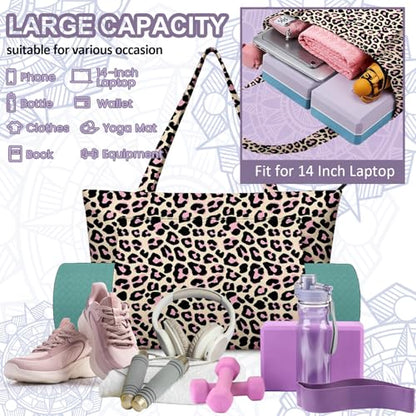 Yoga Bag for Women, Large Canvas Yoga Mat Tote Bag with Yoga Mat Carrier | Large Mat Pocket Fitness Tote for Pilates, Gym, Travel, Office & Beach - color: Leopard print