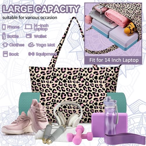Yoga Bag for Women, Large Canvas Yoga Mat Tote Bag with Yoga Mat Carrier | Large Mat Pocket Fitness Tote for Pilates, Gym, Travel, Office & Beach - color: Leopard print