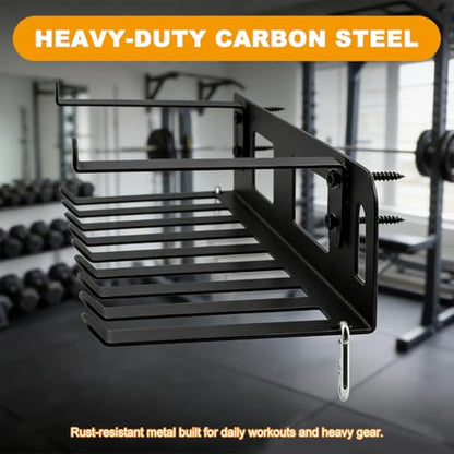 Wall Mounted Gym Equipment Storage Rack, Heavy Duty Steel Organizer with Top Floating Shelf, 2-Tiers Holding for Yoga Mat, Resistance Bands, Jump Ropes and Lifting Belts, Black