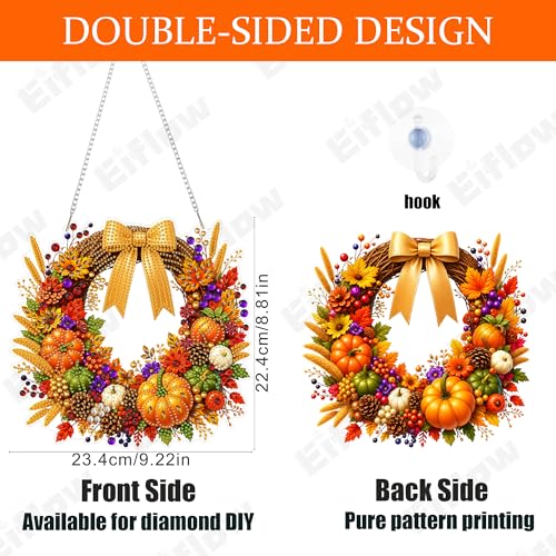 Eiflow Hanging Diamond Art Fall Wreath Kit for Adults DIY Acrylic Diamonds Craft Painting Ornament Pumpkin Kit, Special Crystal Autumn Diamond Art Painting Window Door Hanging Pendant - color: Wreath