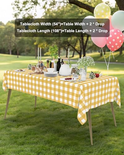 Smiry 8 Packs Gingham Disposable Table Cloth, 54 x 108 Inch Waterproof Plastic Tablecloth, Rectangle Gold and White CheckeGold Table Covers for Party, Birthday, Picnic, Banquet - color: Gold and White, size: 54"x108" (Pack of 8)