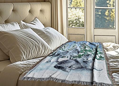Lodge Wolf Woven Tapestry Throw Blanket 50 X 60 Inches | Wall Hanging Art, Handicrafts Jacquard, Multipurpose Soft Travel Mat, Outdoor with Fringe Tassels - color: Wolves