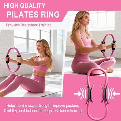 Pilates Ring Equipment Set, Home Pilates Kit for Women with 13’’ Magic Ring with Dual Padded Handles, Small Pilates Ball, 5 Resistance Bands & Complete Fitness Guide, Pilates Essential Accessories - color: 15pcs Pink