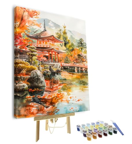 TUMOVO Adult Paint by Numbers Kit, Paint by Number for Adults - Traditional Japanese Landscape Art, Mountain & Temple Scene for Home Decor, Framed Canvas, 16x20 Inch - color: Landscape(Framed)