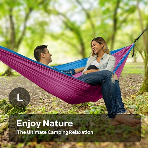 Durable Hammock 500 lb Capacity, Nylon Camping Hammock Chair - Double or Single Sizes w/Tree Straps and Attached Carry Bag - Portable for Travel/Backpacking/Beach/Backyard (Large, Fuchsia & Sky Blue) - color: Fuchsia & Sky Blue, size: Large