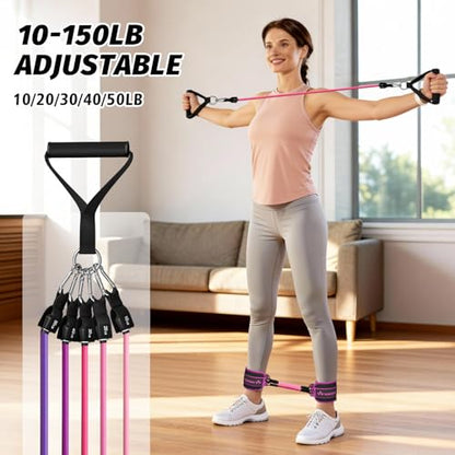 WHATAFIT Resistance Bands with Handles, 5-Level Exercise Bands for Workout - color: Pink Purple-Ankle