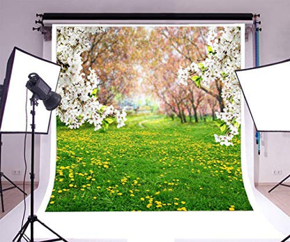 AOFOTO 5x5ft Spring Scenic Backdrop Sweet White Cherry Flowers Photography Background Meadow Floral Blossoms Garden Florets Grassland Park Flower Trees Kid Baby Portrait Photo Shoot Studio Props Vinly - size: 5x5ft