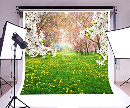AOFOTO 5x5ft Spring Scenic Backdrop Sweet White Cherry Flowers Photography Background Meadow Floral Blossoms Garden Florets Grassland Park Flower Trees Kid Baby Portrait Photo Shoot Studio Props Vinly - size: 5x5ft