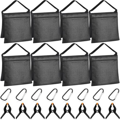 Hoteam 12 Sets Sandbag Weight Bag with Zipper, Heavy Duty Black Sand Bags for Canopy Tent Legs Photography Backdrop Stand with Spring Clamps and Hooks Outdoor Decorations