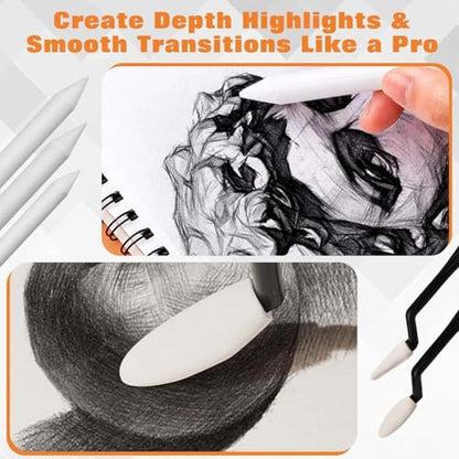 GOLD DEER 40PCS Sketch Drawing Tools, 15 Blending Stumps Set, Pencil Extender, Eraser, 2 Sketch Wipe Scrapers, 2 Sandpaper Pencil Sharpeners & 20 Sponge Replacement Heads with Felt Bag
