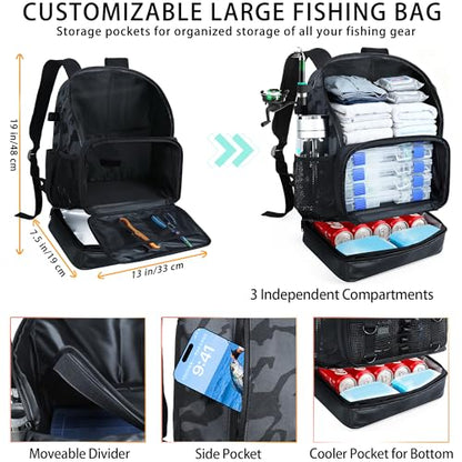 Fishing Backpack with 4 Tackle Boxes, Heavy Duty Fishing Bag with Waterproof Bottom, Tackle Backpack Gifts for Man Woman-Camo Black - color: Camo Black