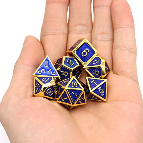 Haxtec Metal DND Dice Set, 7 Pcs Royal Blue Polyhedral Dice for RPG | Gold Number D&D with Leather Bag, Compatible with Dungeons and Dragons, Enamel Heavy Metallic, D&D Gifts for Table Games - color: Gold Navy Blue