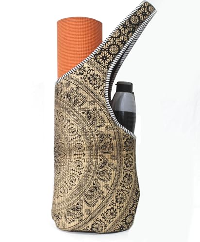 INDIAN CRAFT CASTLE Yoga Mat Bag | Tote Mat Bag | Sling Yoga Tote w/Large Side Pocket & Zipper Pocket | Yoga Mat Carrier Fits Most Size Mats - color: Gold Black Flower