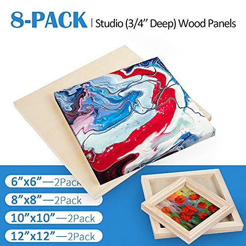 Falling in Art 8 Pack 4 Sizes Unfinished Birch Wood Canvas Panels Kit | Studio 3/4’’ Deep Wood Canvas, Cradle Boards for Painting, Pouring, Burning, Crafts, Epoxy Resin, Laser Engraving Cutting - size: 6*6 8*8 10*10 12*12 2-Pack