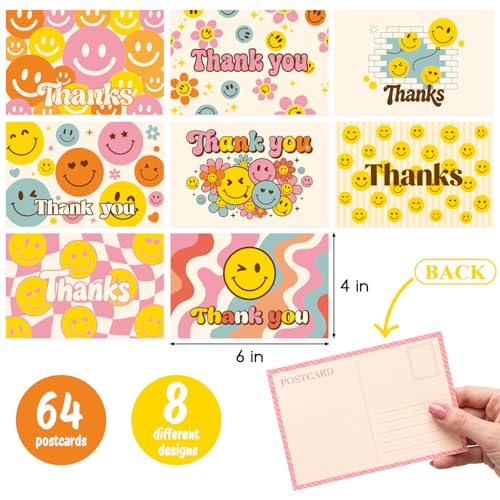 64 Pcs Thank You Cards, Postcards for Mailing Blank Note Greeting Cards, Employee Appreciation Cards, Smiley Face Postcards for Kids Adults Teachers Students, 4×6 In - color: thank you cards