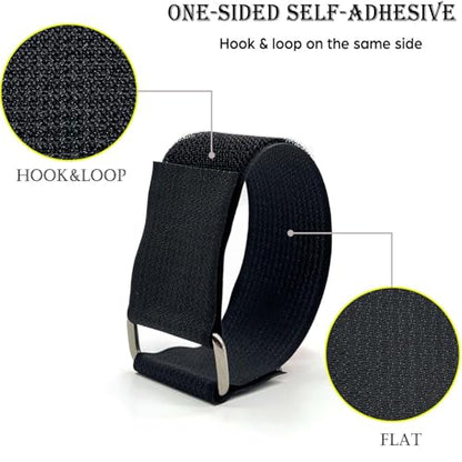 Wide 2" ×16 Ft Long Hook and Loop Cable Straps with 12 Heavy Metal Buckles, Adjustable Nylon Tie Down Straps,Free Cut Length and Width, Reusable, Black