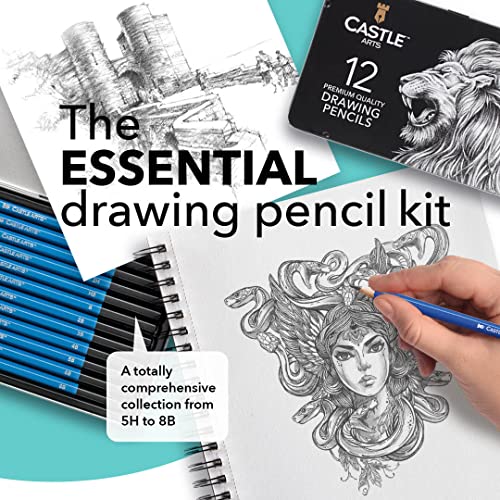 Castle Art Supplies 12 Piece Graphite Drawing Pencils Kit for Adults | For beginner to advanced adult artists - compact, sturdy, attractive metal case with tutorial included, easy to carry