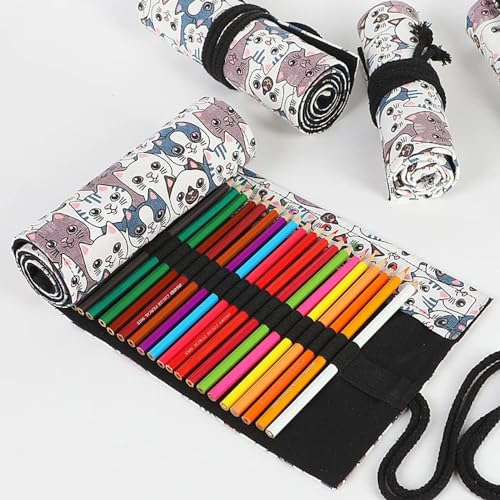 DIYOMR 12/24/36/72 Slots Pencil Wrap Roll, Artist Colored Roll Up Bag, Short Brush Pouch Case Organizer for Drawing Coloring and Sketching, No Pencils (Big Headed Cat, 12slots) - color: Big Headed Cat, size: 12slots