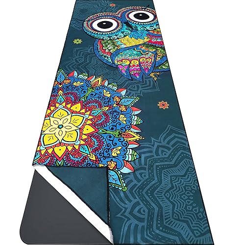 Yoga Mat Towel with Corner Pockets - Microfiber Yoga Towels for Hot Yoga Non Slip Moisture Wicking Sweat Absorbent, Owl Yoga Towel Easy for Travel, Use in Hot Yoga, Bikram, Pilates and Fitness - color: Mandala Owl, size: 72"x26"