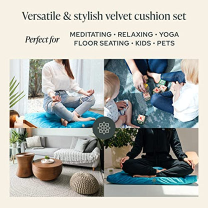 Mindful Modern Meditation Cushion & Mat Bundle - Luxury Velvet Zafu Floor Pillow & Rectangular Mat - Turquoise