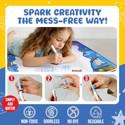 Water Doodle Mat 40 x 32 Inch – Mess Free Toddler Painting Toys, Water Drawing Mat for Kids Ages 3+ with Roller, Stamps, Markers, Water Pens, Foam Shapes, Stencils & Pouch